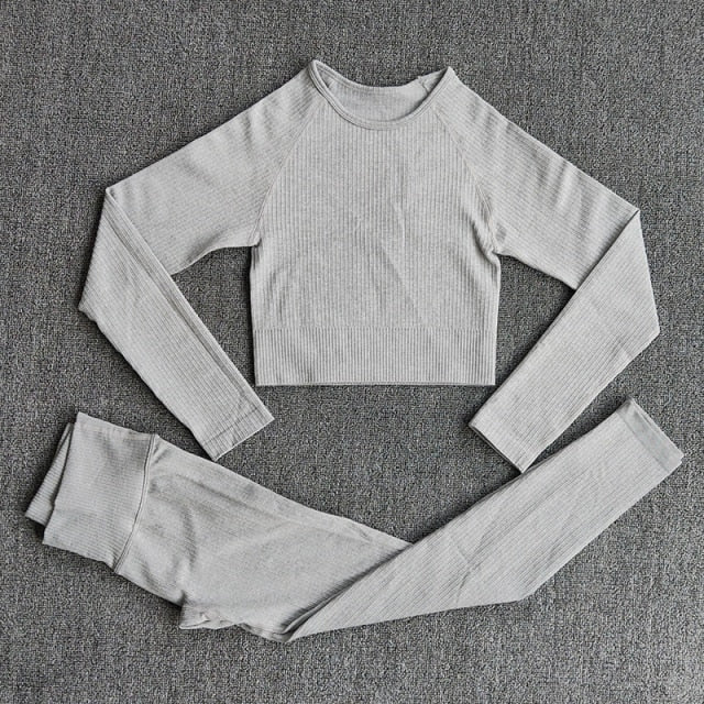 Women's Sportswear Yoga Sets Ribbed Seamless Long Sleeve Workout Clothes for Women High Waist Sports Legging Long Sleeve Top