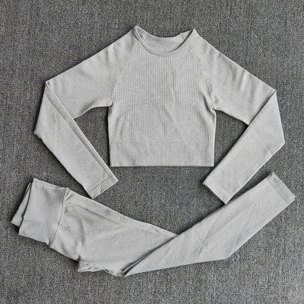 Women's Sportswear Yoga Sets Ribbed Seamless Long Sleeve Workout Clothes for Women High Waist Sports Legging Long Sleeve Top