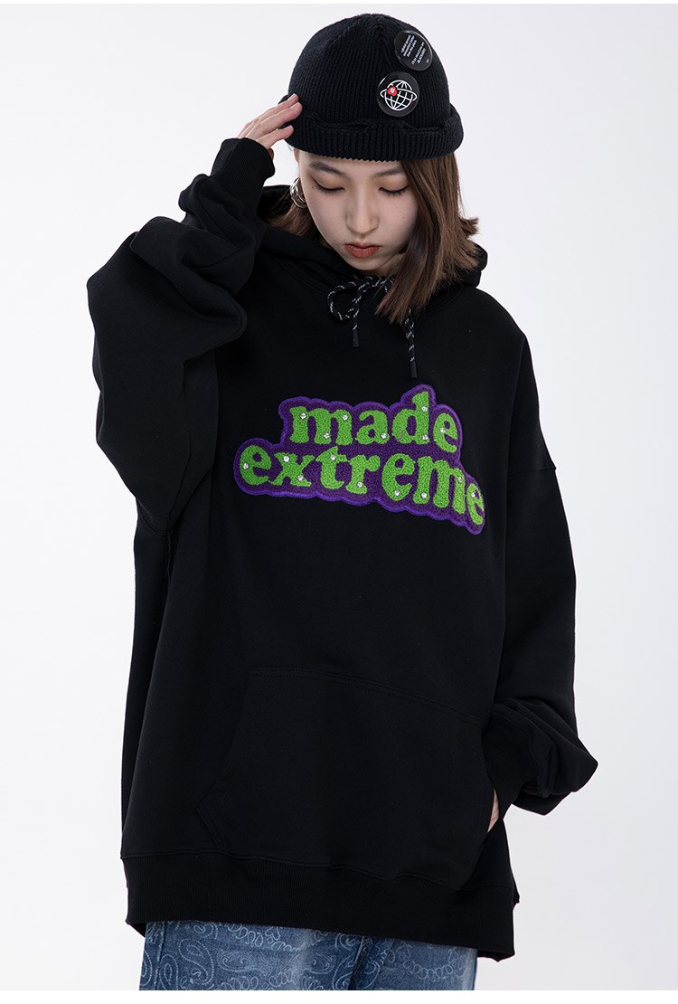 Men Hit Color Letter Patch Diamonds Hoodies Sweatshirt Men Big Pocket Casual Pullover High Street Couple Streetwear Men