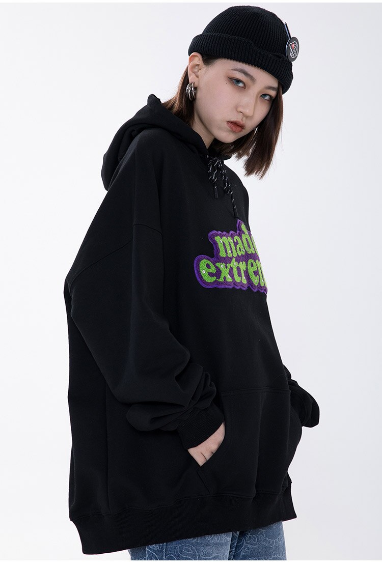 Men Hit Color Letter Patch Diamonds Hoodies Sweatshirt Men Big Pocket Casual Pullover High Street Couple Streetwear Men