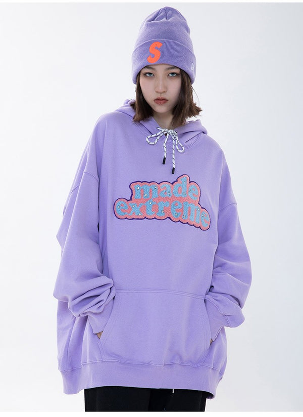 Men Hit Color Letter Patch Diamonds Hoodies Sweatshirt Men Big Pocket Casual Pullover High Street Couple Streetwear Men