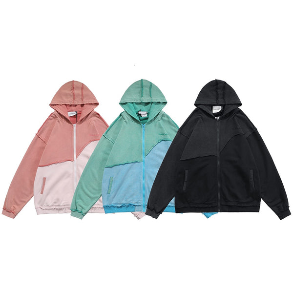 Patchwork Color Zipper Distressed Hoodie Men Casual Cozy Hooded Coats Harajuku High Street Sweatshirt Spring Streetwear