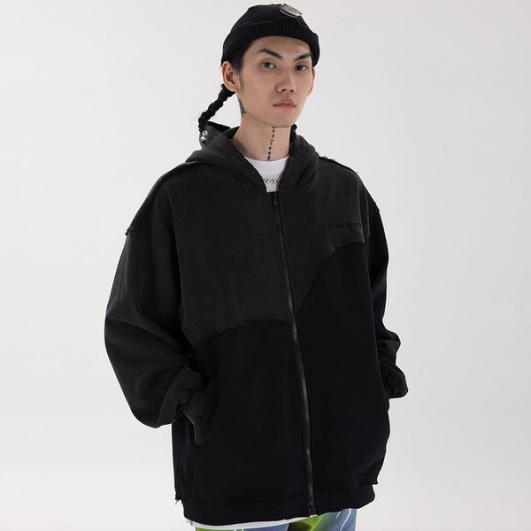 Patchwork Color Zipper Distressed Hoodie Men Casual Cozy Hooded Coats Harajuku High Street Sweatshirt Spring Streetwear