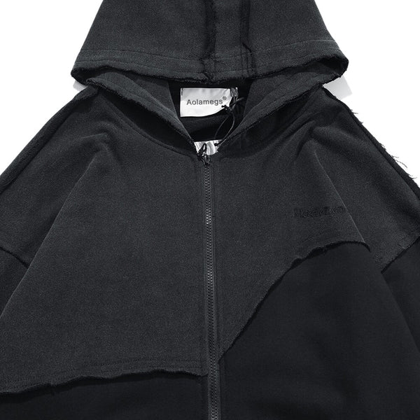 Patchwork Color Zipper Distressed Hoodie Men Casual Cozy Hooded Coats Harajuku High Street Sweatshirt Spring Streetwear