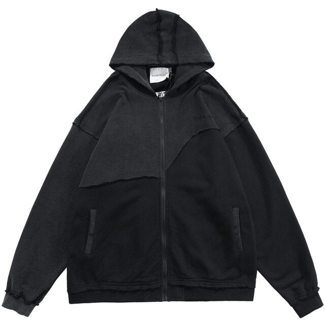 Patchwork Color Zipper Distressed Hoodie Men Casual Cozy Hooded Coats Harajuku High Street Sweatshirt Spring Streetwear