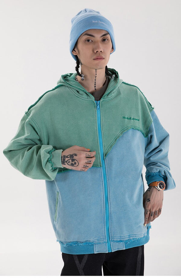 Patchwork Color Zipper Distressed Hoodie Men Casual Cozy Hooded Coats Harajuku High Street Sweatshirt Spring Streetwear