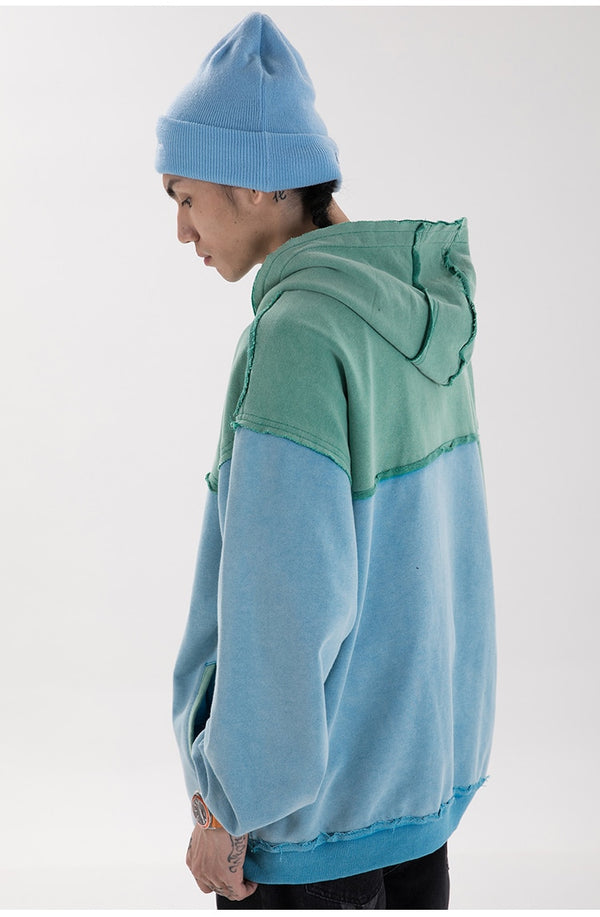 Patchwork Color Zipper Distressed Hoodie Men Casual Cozy Hooded Coats Harajuku High Street Sweatshirt Spring Streetwear