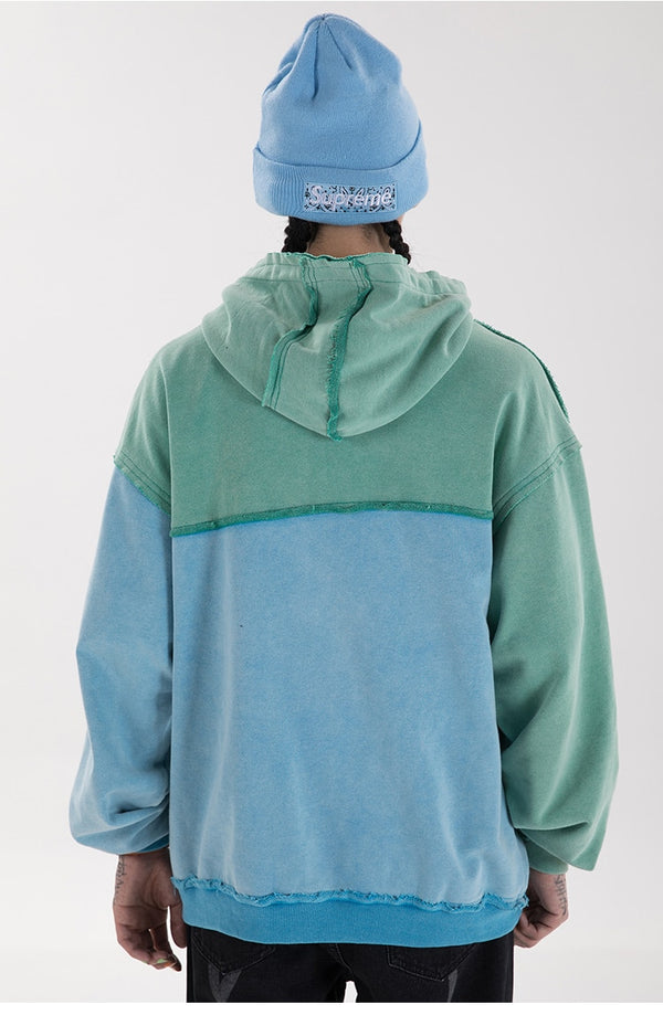 Patchwork Color Zipper Distressed Hoodie Men Casual Cozy Hooded Coats Harajuku High Street Sweatshirt Spring Streetwear