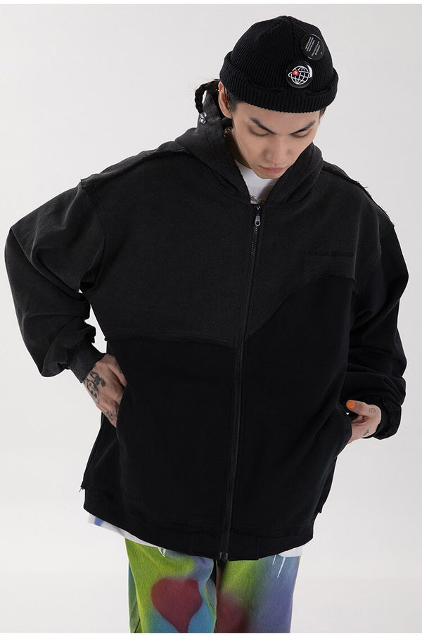 Patchwork Color Zipper Distressed Hoodie Men Casual Cozy Hooded Coats Harajuku High Street Sweatshirt Spring Streetwear
