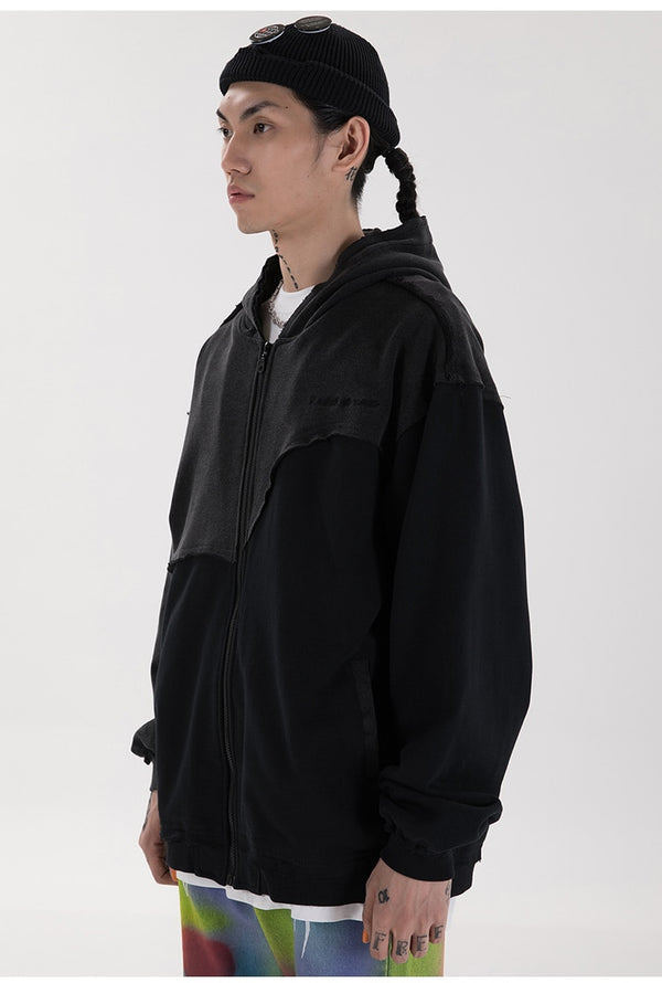 Patchwork Color Zipper Distressed Hoodie Men Casual Cozy Hooded Coats Harajuku High Street Sweatshirt Spring Streetwear