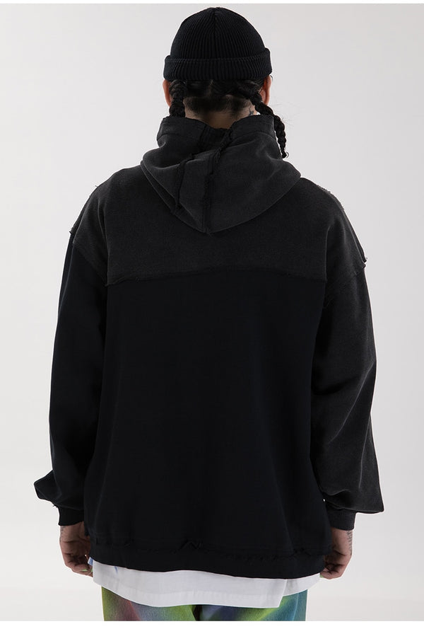 Patchwork Color Zipper Distressed Hoodie Men Casual Cozy Hooded Coats Harajuku High Street Sweatshirt Spring Streetwear