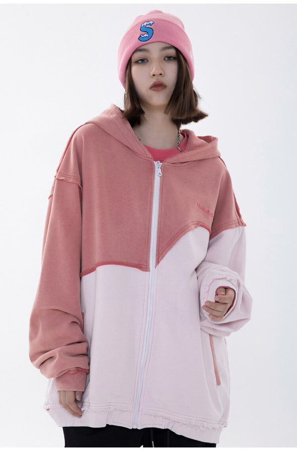 Patchwork Color Zipper Distressed Hoodie Men Casual Cozy Hooded Coats Harajuku High Street Sweatshirt Spring Streetwear