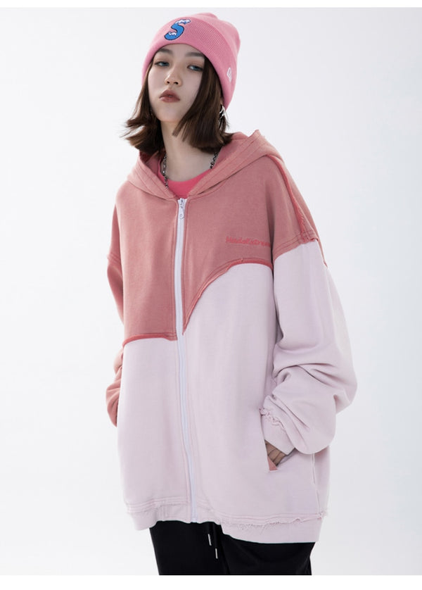 Patchwork Color Zipper Distressed Hoodie Men Casual Cozy Hooded Coats Harajuku High Street Sweatshirt Spring Streetwear