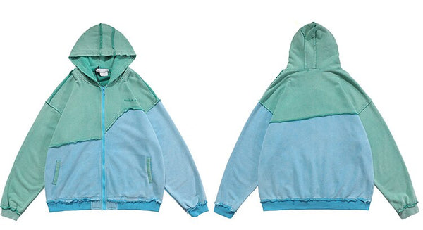 Patchwork Color Zipper Distressed Hoodie Men Casual Cozy Hooded Coats Harajuku High Street Sweatshirt Spring Streetwear