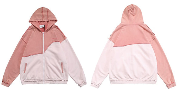 Patchwork Color Zipper Distressed Hoodie Men Casual Cozy Hooded Coats Harajuku High Street Sweatshirt Spring Streetwear