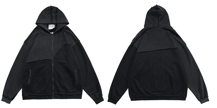 Patchwork Color Zipper Distressed Hoodie Men Casual Cozy Hooded Coats Harajuku High Street Sweatshirt Spring Streetwear