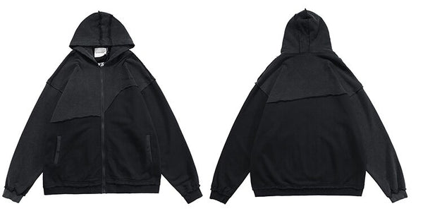 Patchwork Color Zipper Distressed Hoodie Men Casual Cozy Hooded Coats Harajuku High Street Sweatshirt Spring Streetwear