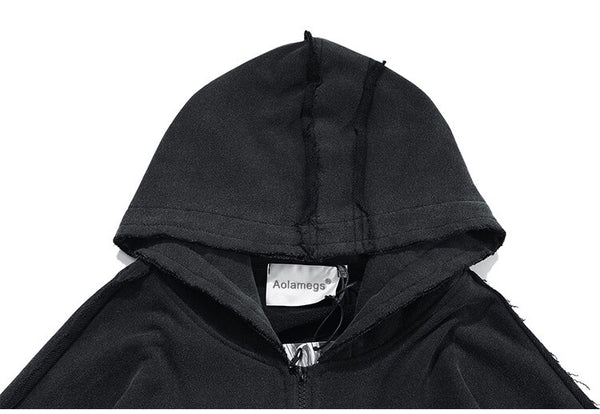 Patchwork Color Zipper Distressed Hoodie Men Casual Cozy Hooded Coats Harajuku High Street Sweatshirt Spring Streetwear