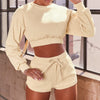 Autumn Solid Sporty Ribbed Tracksuit For Women Long Sleeve Crop Top Shorts Fashion Sportswear Casual Workout Running Jogging Set | Vimost Shop.