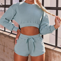 Autumn Solid Sporty Ribbed Tracksuit For Women Long Sleeve Crop Top Shorts Fashion Sportswear Casual Workout Running Jogging Set