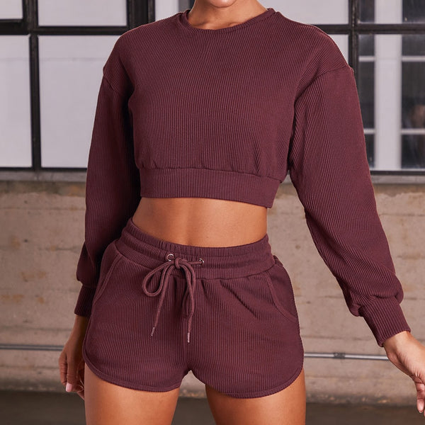 Autumn Solid Sporty Ribbed Tracksuit For Women Long Sleeve Crop Top Shorts Fashion Sportswear Casual Workout Running Jogging Set | Vimost Shop.