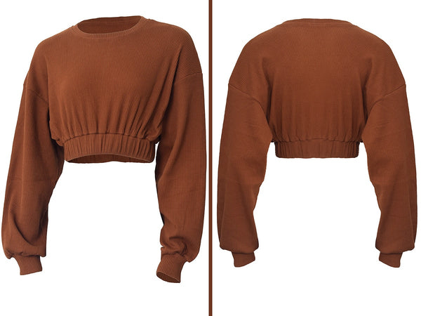 Autumn Solid Sporty Ribbed Tracksuit For Women Long Sleeve Crop Top Shorts Fashion Sportswear Casual Workout Running Jogging Set | Vimost Shop.