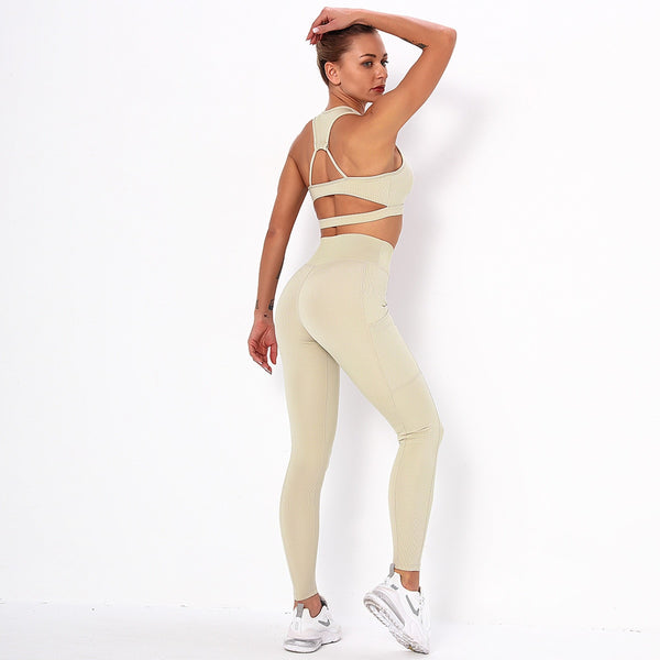 Seamless Sporty Yoga Suit GYM Fitness Workout Running Tracksuit Sports Sleeveless Crop Top Pants Set Jogging Dry Quick Set | Vimost Shop.
