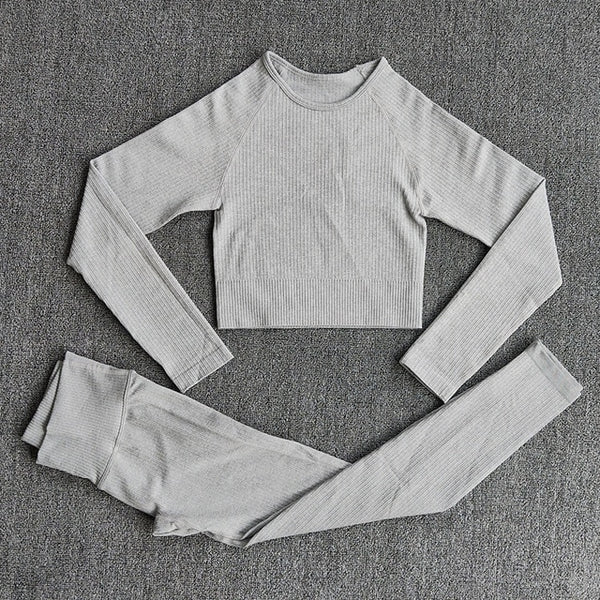 Women's Sportswear Yoga Set Workout Clothes Athletic Wear Sports Gym Legging Seamless Fitness Bra Crop Top Long Sleeve Yoga Suit