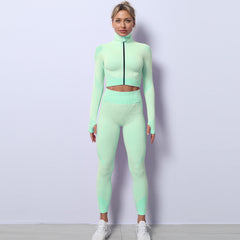 Women Yoga 2/3PCS Seamless Zipper Yoga Suit GYM Workout Sportswear Fitness Clothing Fitness Long Sleeve Top High Waist Set