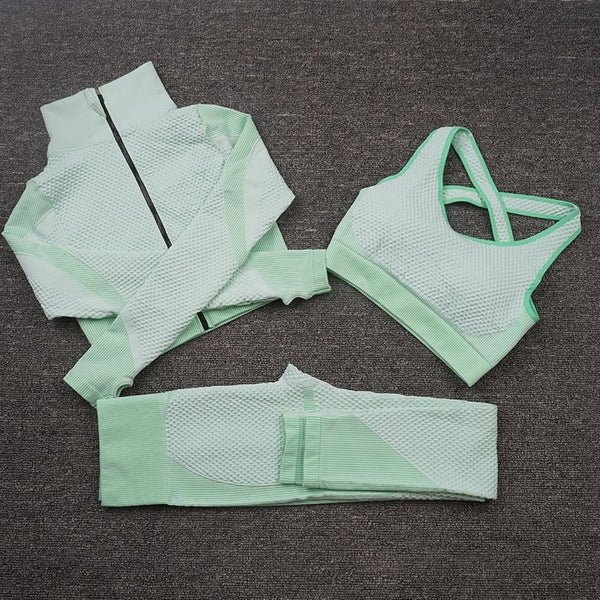 Women Yoga 2/3PCS Seamless Zipper Yoga Suit GYM Workout Sportswear Fitness Clothing Fitness Long Sleeve Top High Waist Set | Vimost Shop.