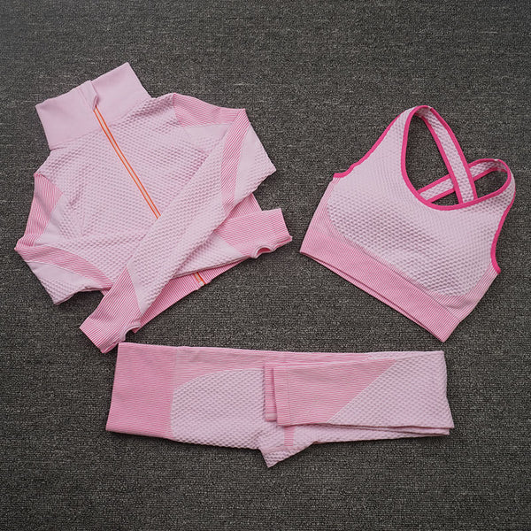 Women Yoga 2/3PCS Seamless Zipper Yoga Suit GYM Workout Sportswear Fitness Clothing Fitness Long Sleeve Top High Waist Set | Vimost Shop.