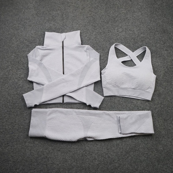 Women Yoga 2/3PCS Seamless Zipper Yoga Suit GYM Workout Sportswear Fitness Clothing Fitness Long Sleeve Top High Waist Set | Vimost Shop.