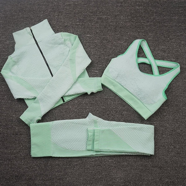Women Yoga 2/3PCS Seamless Zipper Yoga Suit GYM Workout Sportswear Fitness Clothing Fitness Long Sleeve Top High Waist Set | Vimost Shop.