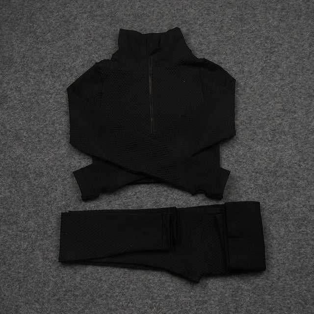 Women Yoga 2/3PCS Seamless Zipper Yoga Suit GYM Workout Sportswear Fitness Clothing Fitness Long Sleeve Top High Waist Set | Vimost Shop.