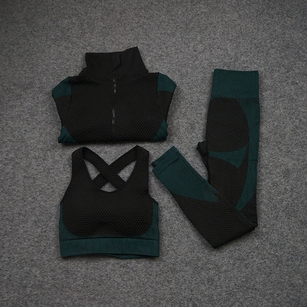 Women Yoga 2/3PCS Seamless Zipper Yoga Suit GYM Workout Sportswear Fitness Clothing Fitness Long Sleeve Top High Waist Set | Vimost Shop.