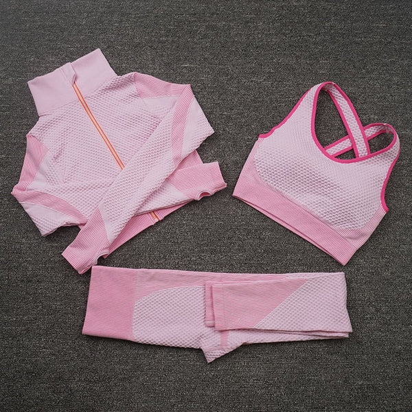 Women Yoga 2/3PCS Seamless Zipper Yoga Suit GYM Workout Sportswear Fitness Clothing Fitness Long Sleeve Top High Waist Set | Vimost Shop.