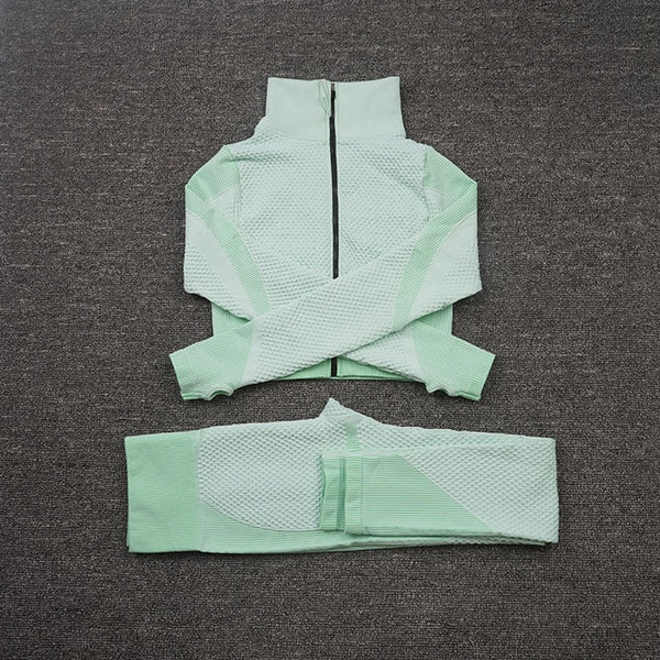 Women Yoga 2/3PCS Seamless Zipper Yoga Suit GYM Workout Sportswear Fitness Clothing Fitness Long Sleeve Top High Waist Set | Vimost Shop.