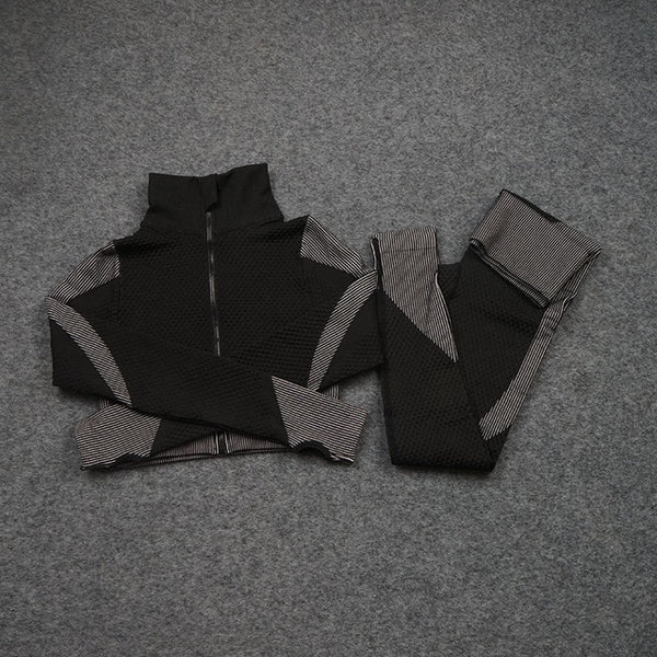Women Yoga 2/3PCS Seamless Zipper Yoga Suit GYM Workout Sportswear Fitness Clothing Fitness Long Sleeve Top High Waist Set | Vimost Shop.