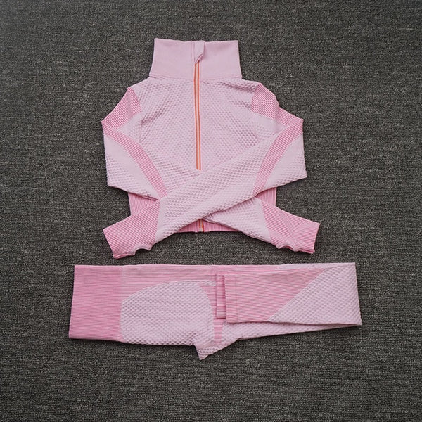 Women Yoga 2/3PCS Seamless Zipper Yoga Suit GYM Workout Sportswear Fitness Clothing Fitness Long Sleeve Top High Waist Set | Vimost Shop.
