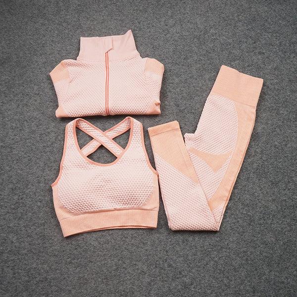 Women Yoga 2/3PCS Seamless Zipper Yoga Suit GYM Workout Sportswear Fitness Clothing Fitness Long Sleeve Top High Waist Set | Vimost Shop.
