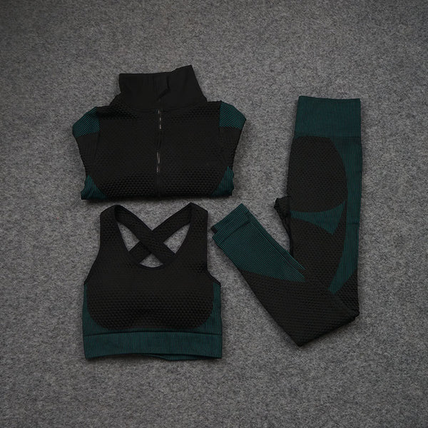 Women Yoga 2/3PCS Seamless Zipper Yoga Suit GYM Workout Sportswear Fitness Clothing Fitness Long Sleeve Top High Waist Set | Vimost Shop.