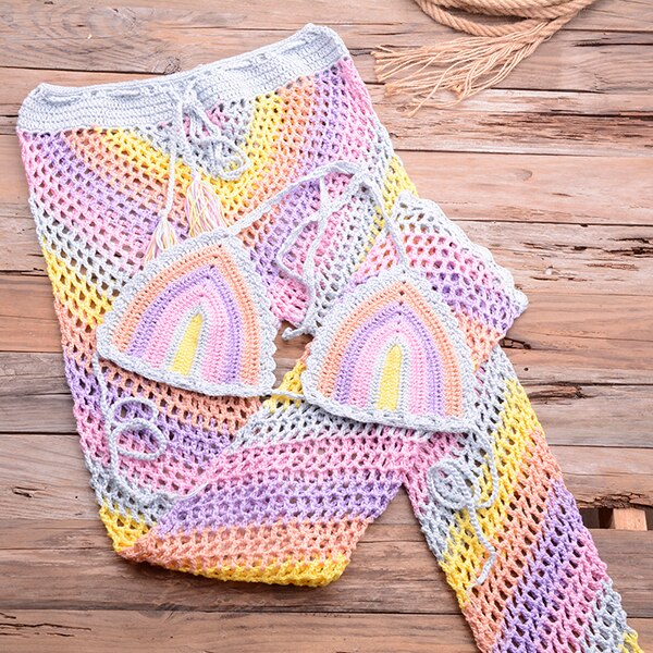 Women Sexy Colorful Crochet Bikini Pants Set Cover-up Sexy Tassel Beach See Through Wide Leg Pants Sea Trouser Bottoms Suit | Vimost Shop.