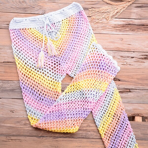 Women Sexy Colorful Crochet Bikini Pants Set Cover-up Sexy Tassel Beach See Through Wide Leg Pants Sea Trouser Bottoms Suit | Vimost Shop.