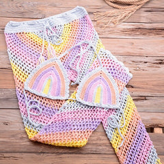 Women Sexy Colorful Crochet Bikini Pants Set Cover-up Sexy Tassel Beach See Through Wide Leg Pants Sea Trouser Bottoms Suit