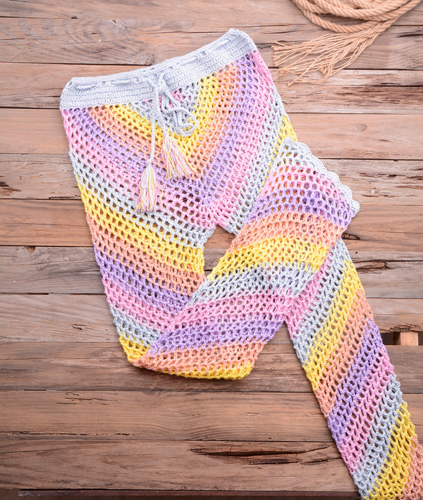 Women Sexy Colorful Crochet Bikini Pants Set Cover-up Sexy Tassel Beach See Through Wide Leg Pants Sea Trouser Bottoms Suit | Vimost Shop.