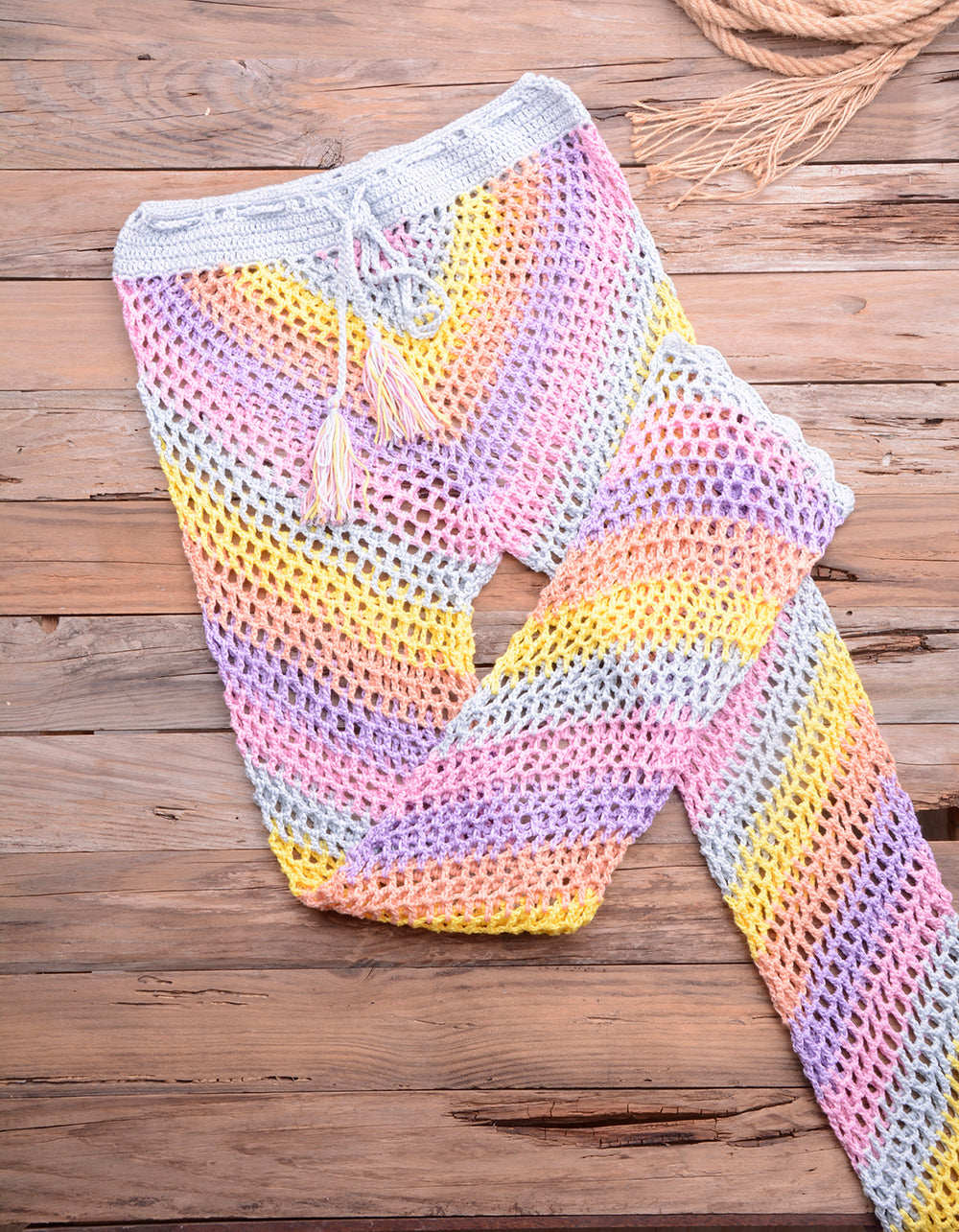 Women Sexy Colorful Crochet Bikini Pants Set Cover-up Sexy Tassel Beach See Through Wide Leg Pants Sea Trouser Bottoms Suit | Vimost Shop.