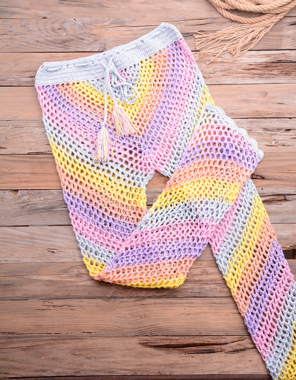 Women Sexy Colorful Crochet Bikini Pants Set Cover-up Sexy Tassel Beach See Through Wide Leg Pants Sea Trouser Bottoms Suit | Vimost Shop.