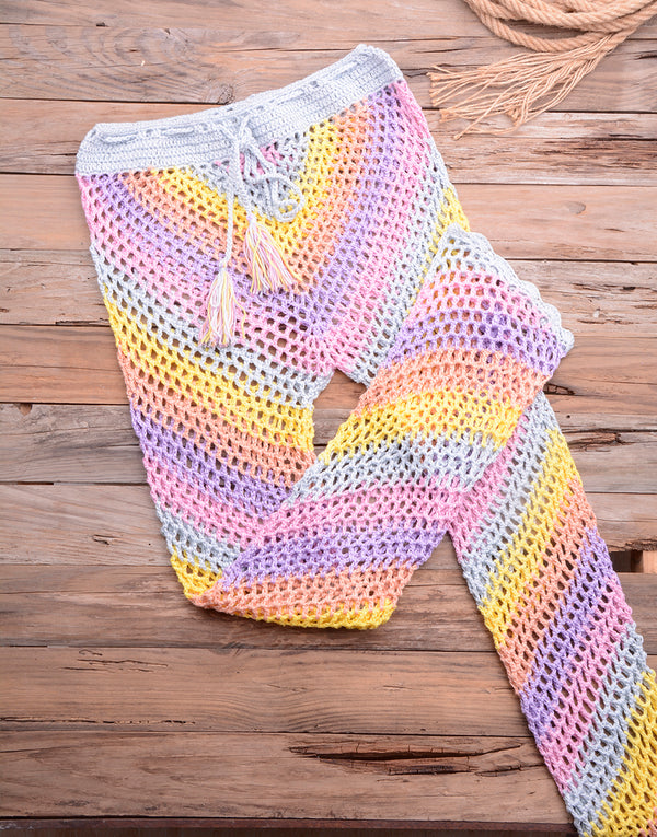 Women Sexy Colorful Crochet Bikini Pants Set Cover-up Sexy Tassel Beach See Through Wide Leg Pants Sea Trouser Bottoms Suit | Vimost Shop.