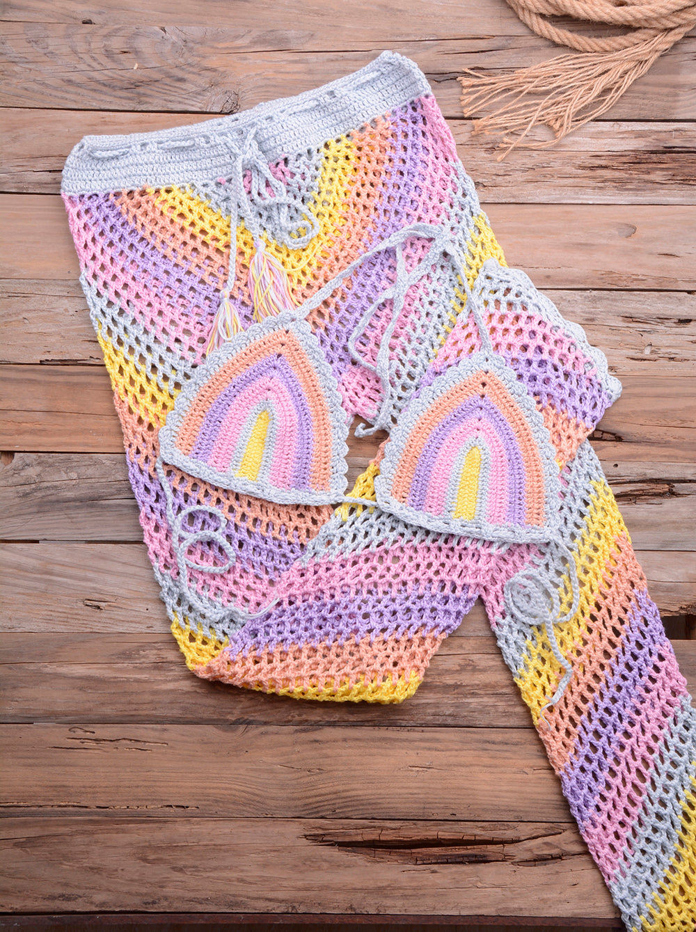 Women Sexy Colorful Crochet Bikini Pants Set Cover-up Sexy Tassel Beach See Through Wide Leg Pants Sea Trouser Bottoms Suit | Vimost Shop.