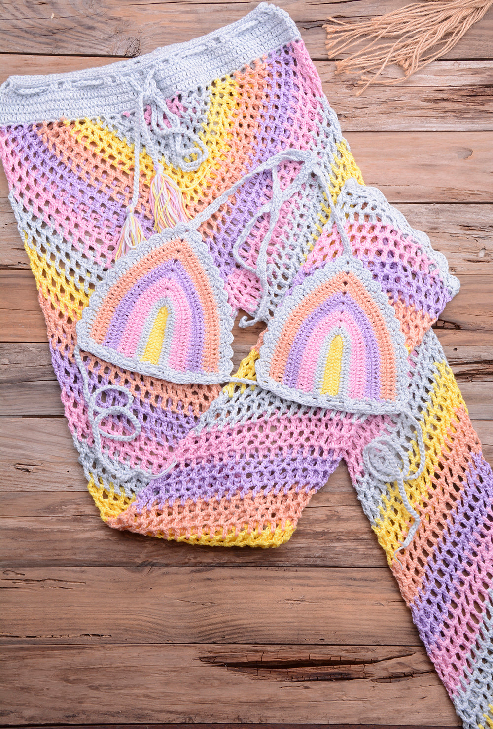 Women Sexy Colorful Crochet Bikini Pants Set Cover-up Sexy Tassel Beach See Through Wide Leg Pants Sea Trouser Bottoms Suit | Vimost Shop.